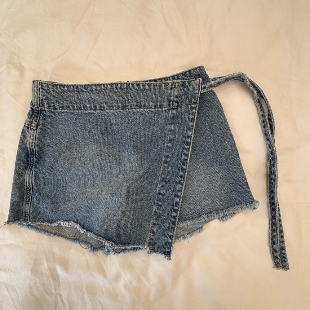 We The Free Blue Denim Wrap Skort